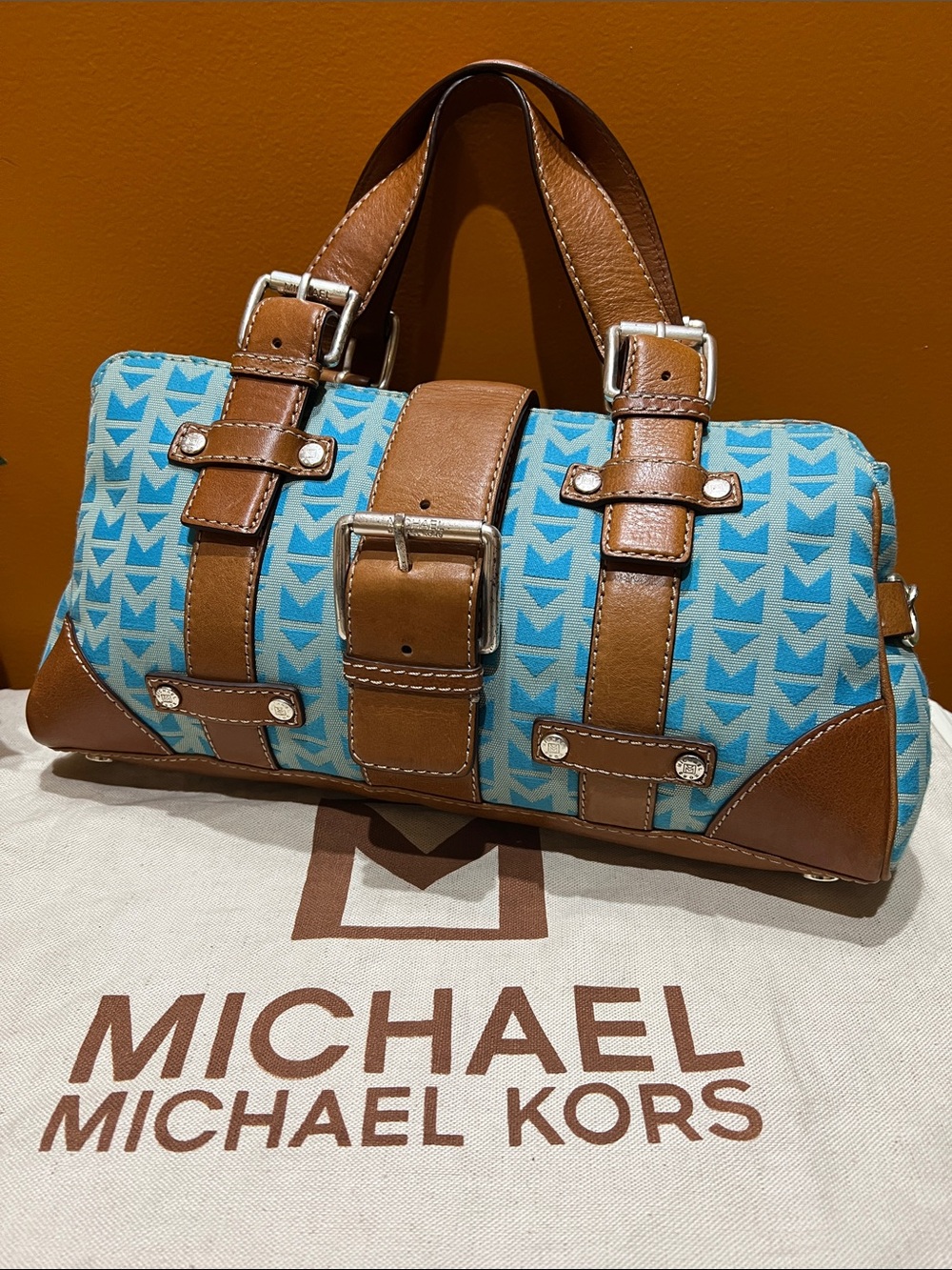 Y2K Michael Michael Kors Signature Jacquard Satchel with Brown Leather Trim